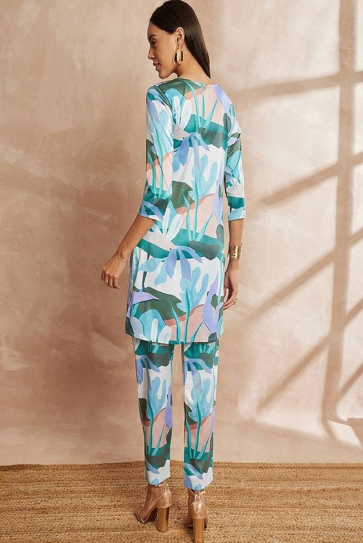 Multicolor color floral printed satin tunic with trouser
