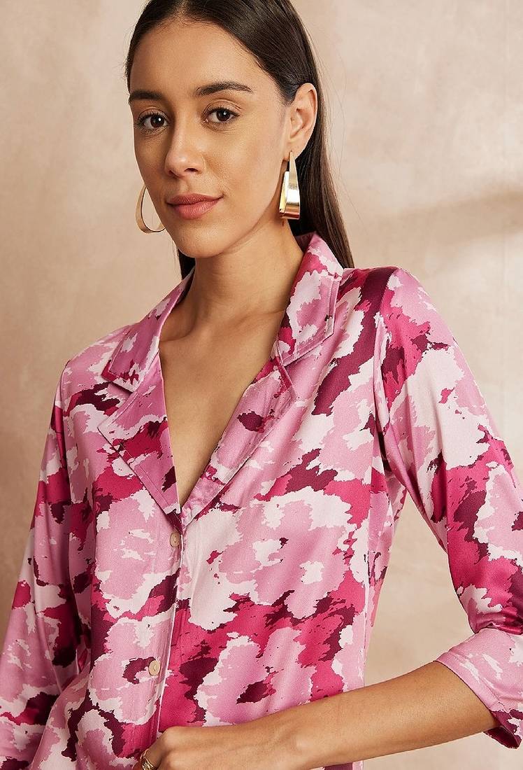 Pink color floral printed lapel collar shirt & trousers