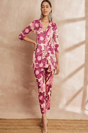 Rani color floral printed lapel collar shirt & trousers