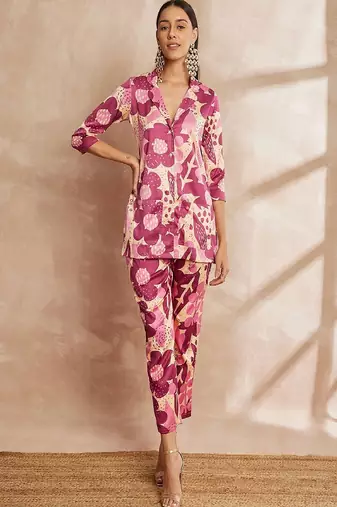 Rani color floral printed lapel collar shirt & trousers