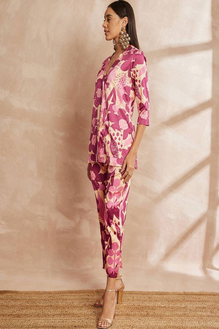 Rani color floral printed lapel collar shirt & trousers