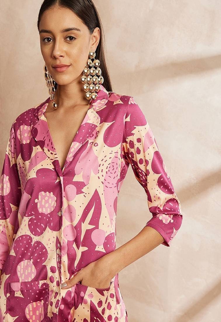 Rani color floral printed lapel collar shirt & trousers