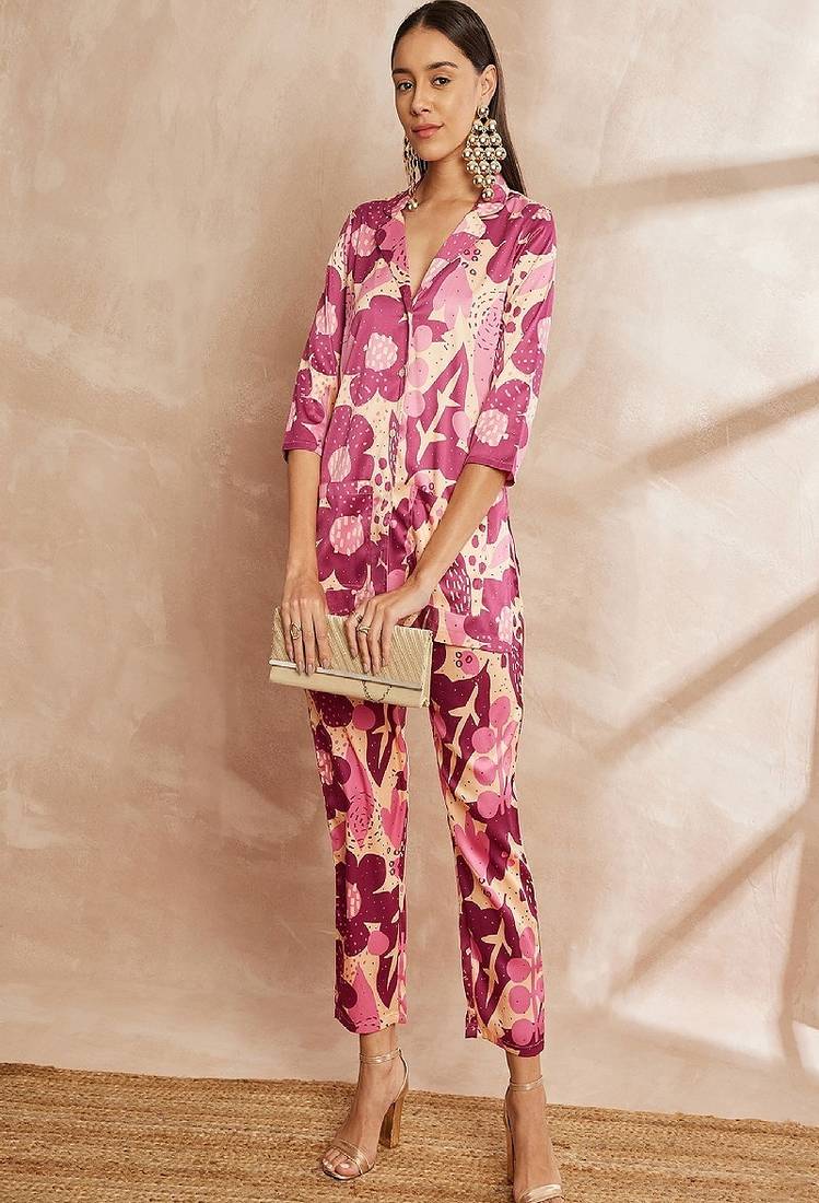 Rani color floral printed lapel collar shirt & trousers