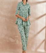 Green color floral printed pure cotton tunic with trouser