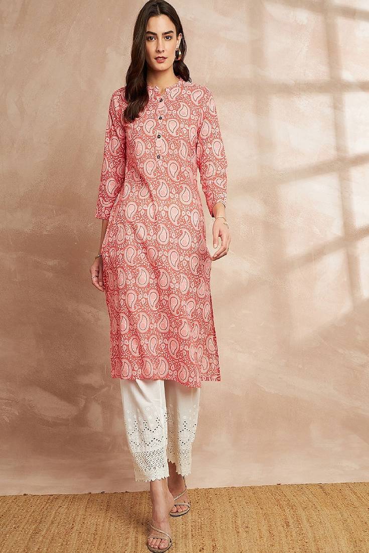 Orange color paisley printed mandarin collar cotton kurta