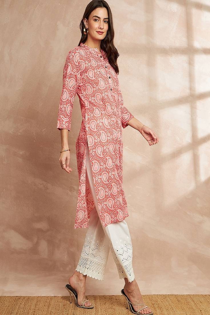 Orange color paisley printed mandarin collar cotton kurta