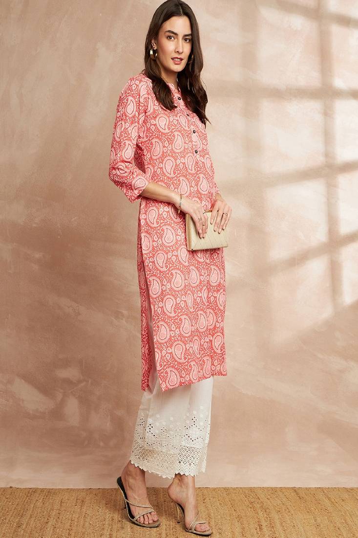 Orange color paisley printed mandarin collar cotton kurta