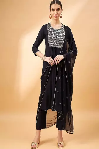 Black color embroidered mirror work pleated round neck kurta with trouser & dupatta
