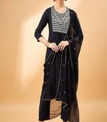 Black color embroidered mirror work pleated round neck kurta with trouser & dupatta