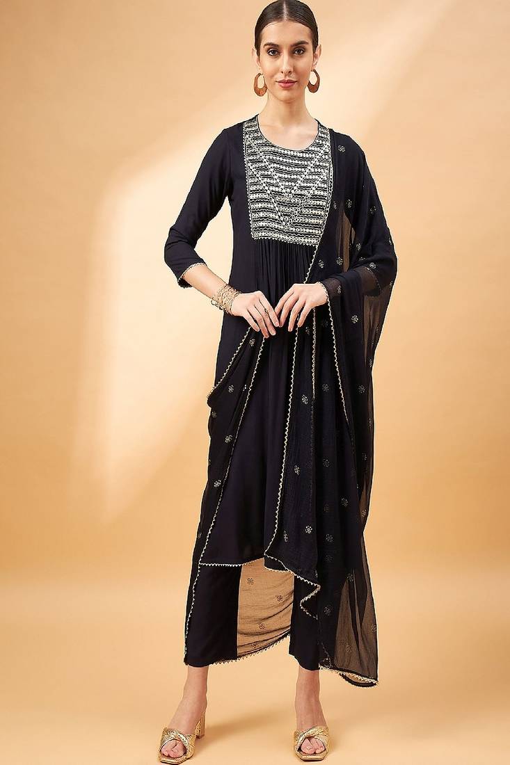Black color embroidered mirror work pleated round neck kurta with trouser & dupatta
