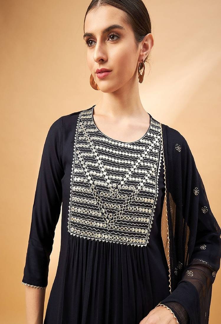 Black color embroidered mirror work pleated round neck kurta with trouser & dupatta