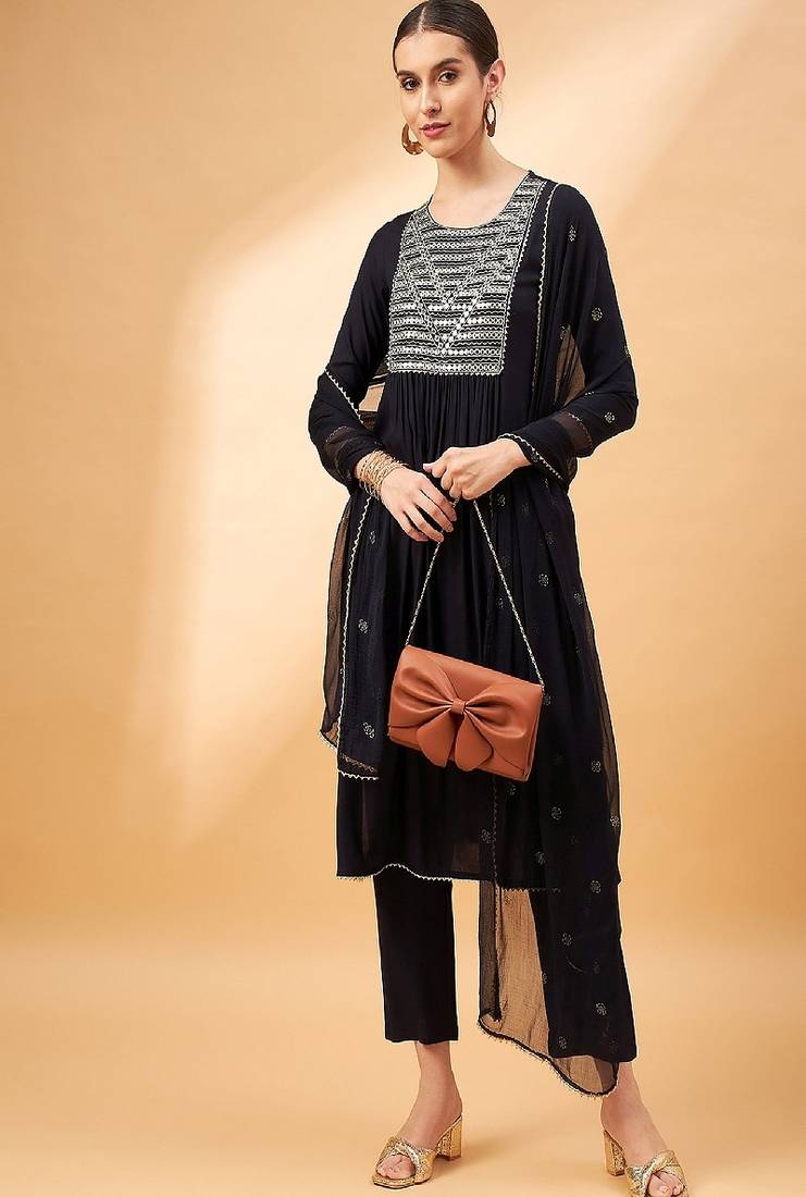 Black color embroidered mirror work pleated round neck kurta with trouser & dupatta
