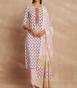 Pink color ethnic motifs printed pure cotton straight kurta & trousers with dupatta