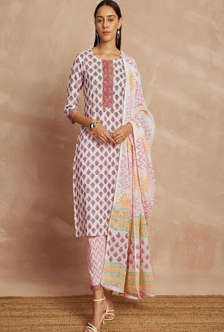 Pink color ethnic motifs printed pure cotton straight kurta & trousers with dupatta