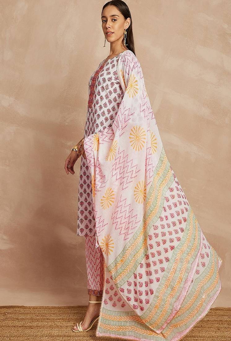 Pink color ethnic motifs printed pure cotton straight kurta & trousers with dupatta