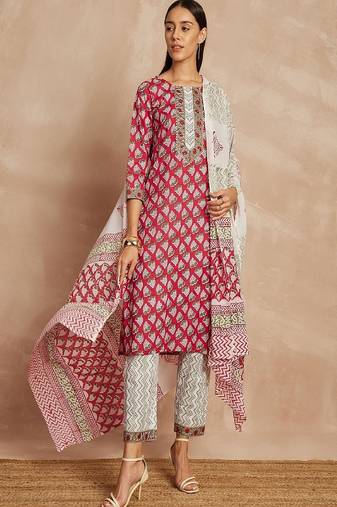 Maroon color ethnic motifs printed pure cotton straight kurta & trousers with dupatta