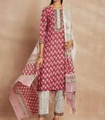 Maroon color ethnic motifs printed pure cotton straight kurta & trousers with dupatta