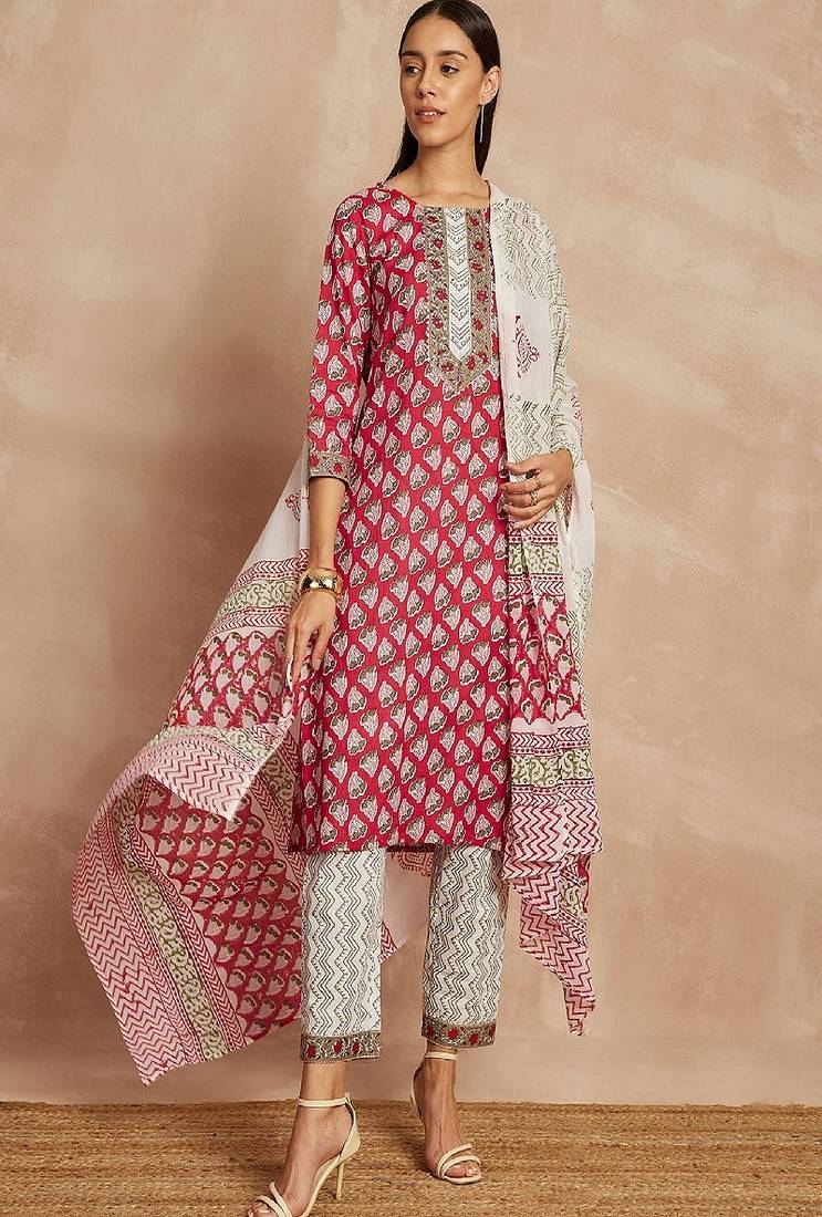 Maroon color ethnic motifs printed pure cotton straight kurta & trousers with dupatta