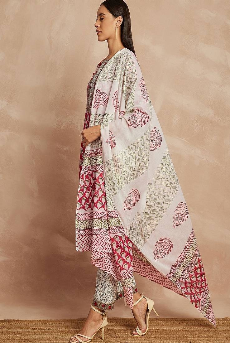 Maroon color ethnic motifs printed pure cotton straight kurta & trousers with dupatta