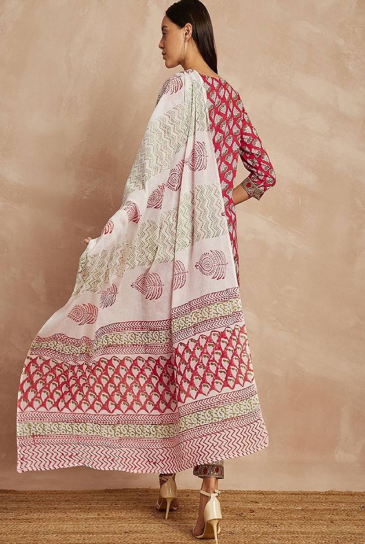 Maroon color ethnic motifs printed pure cotton straight kurta & trousers with dupatta