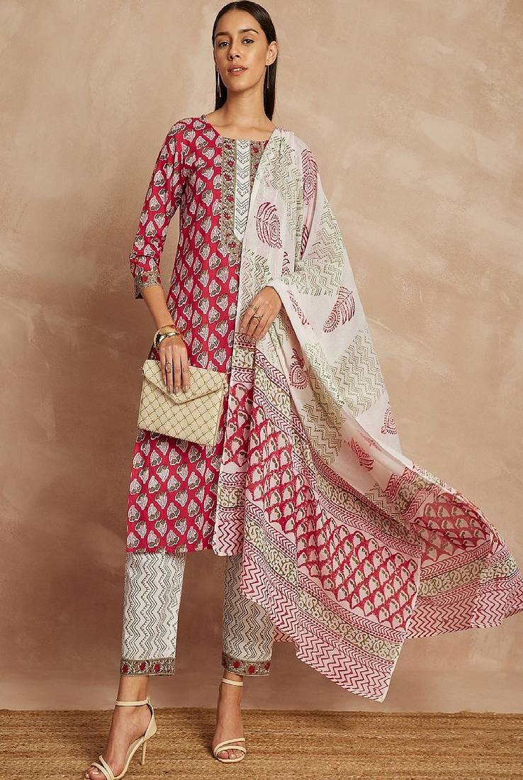 Maroon color ethnic motifs printed pure cotton straight kurta & trousers with dupatta