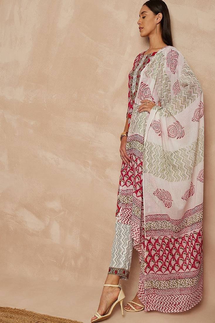 Maroon color ethnic motifs printed pure cotton straight kurta & trousers with dupatta