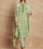 Green color ethnic motifs printed pure cotton straight kurta & trousers with dupatta