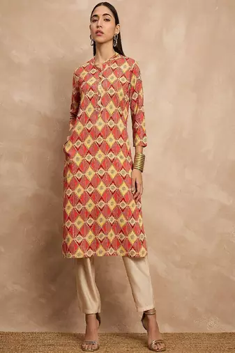 Multicolor color geometric printed sequinned asymmetric pathani kurta