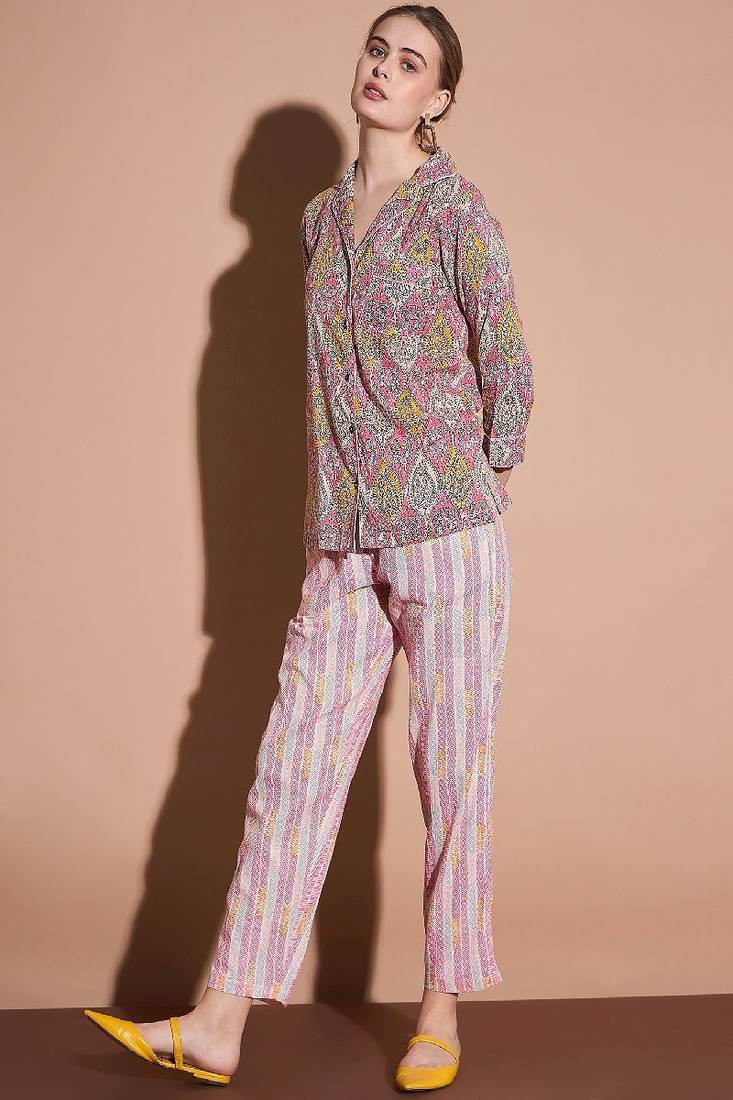 Pink color printed pure cotton shirt with trouser