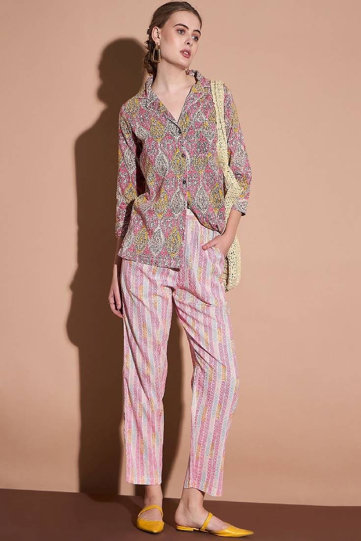 Pink color printed pure cotton shirt with trouser