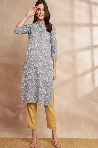 Grey color floral printed straight pure cotton kurta