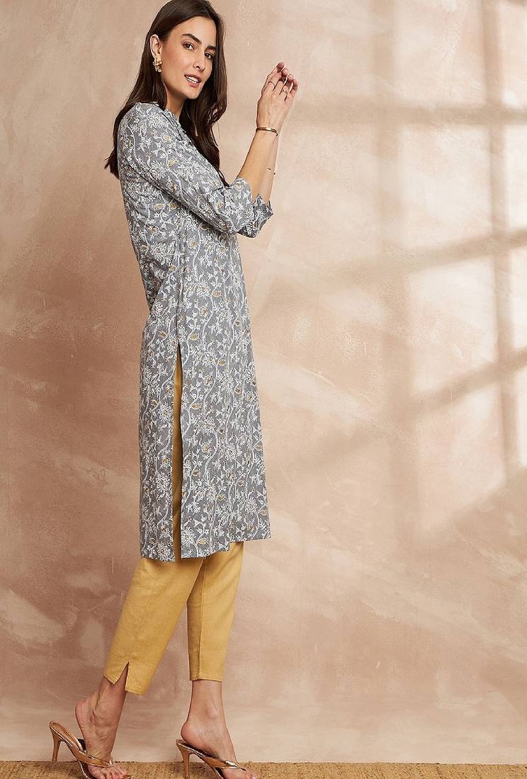 Grey color floral printed straight pure cotton kurta