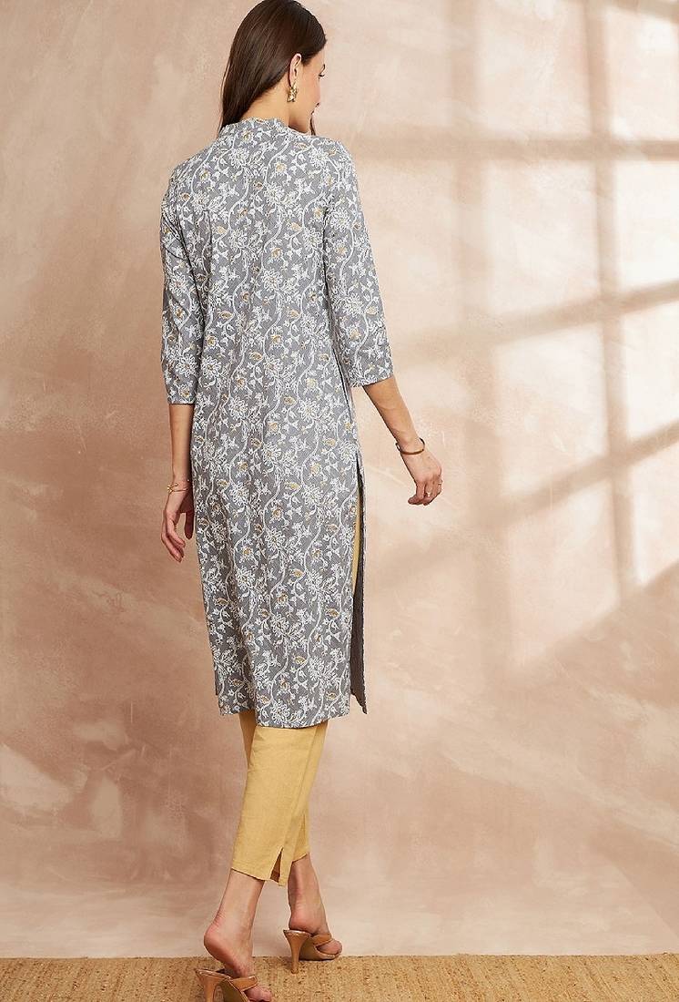 Grey color floral printed straight pure cotton kurta