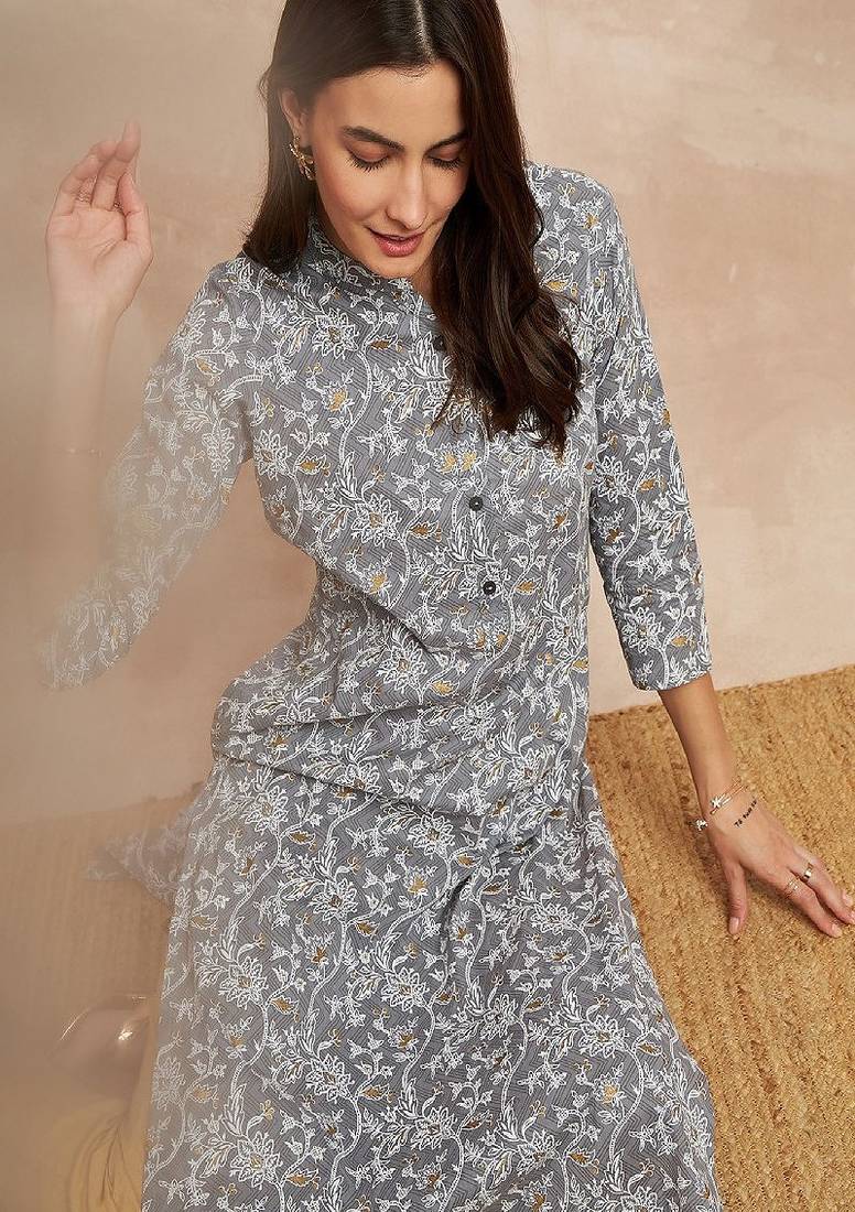 Grey color floral printed straight pure cotton kurta