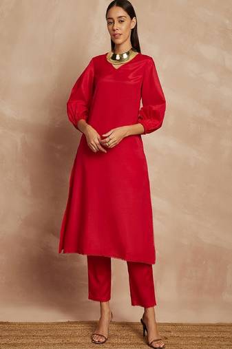 Red color v-neck three-quarter sleeves puffed sleeves a-line kurta with trousers
