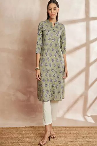 Green color green ethnic motifs printed mandarin collar pure cotton kurta