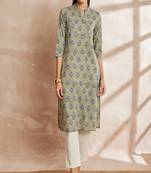 Green color green ethnic motifs printed mandarin collar pure cotton kurta