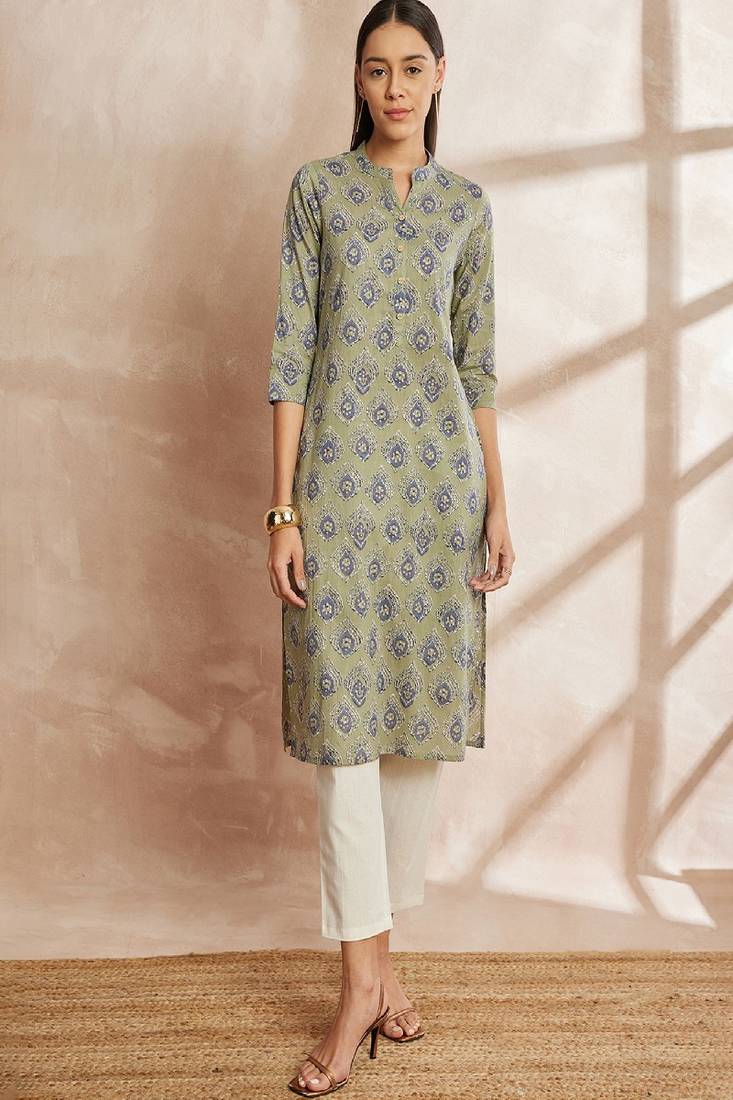 Green color green ethnic motifs printed mandarin collar pure cotton kurta