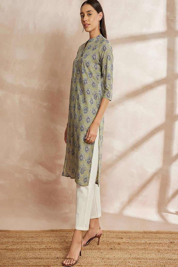 Green color green ethnic motifs printed mandarin collar pure cotton kurta