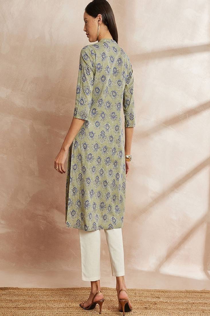 Green color green ethnic motifs printed mandarin collar pure cotton kurta