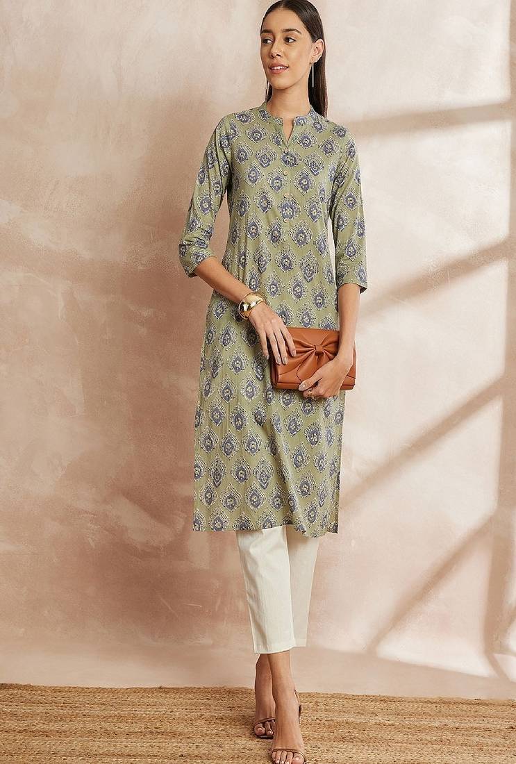 Green color green ethnic motifs printed mandarin collar pure cotton kurta