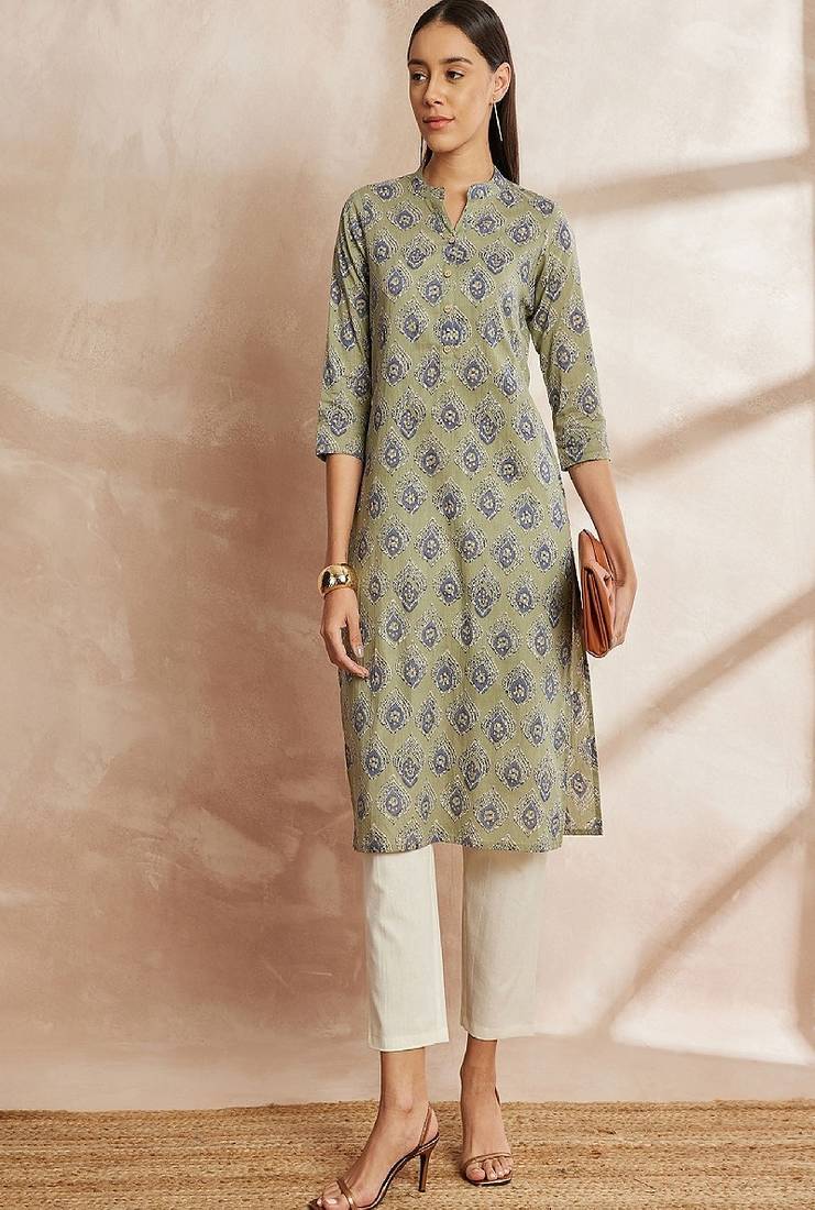 Green color green ethnic motifs printed mandarin collar pure cotton kurta