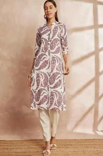 Purple color ethnic motifs printed mandarin collar pure cotton kurta