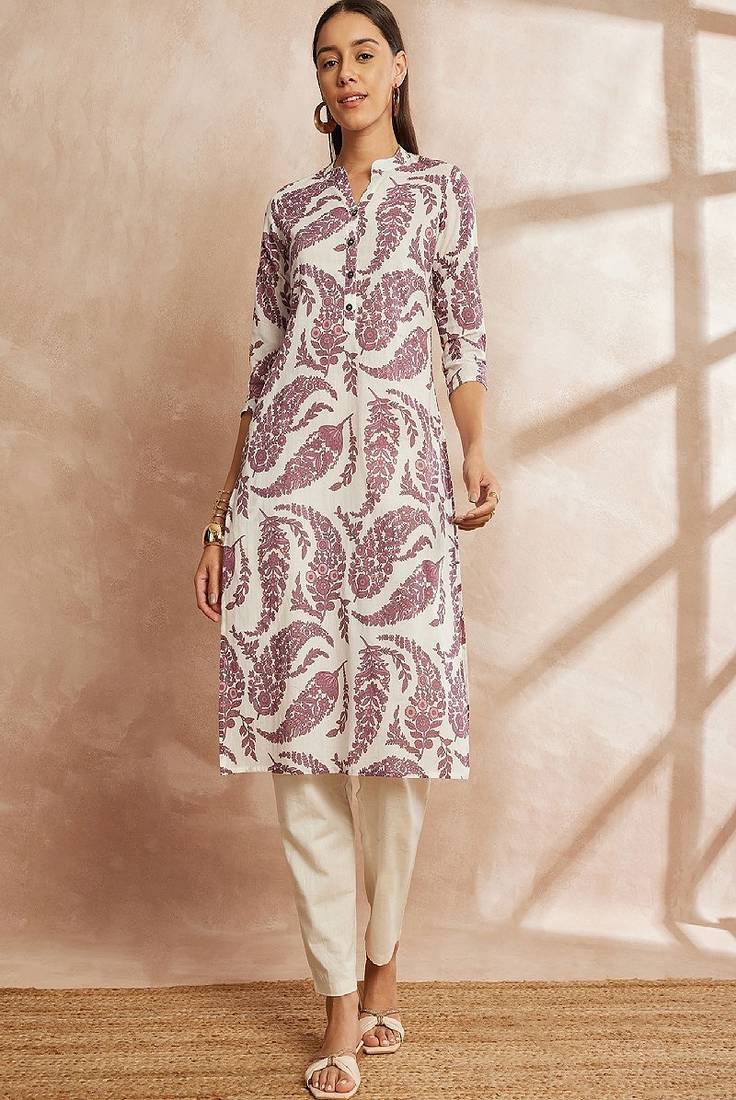Purple color ethnic motifs printed mandarin collar pure cotton kurta