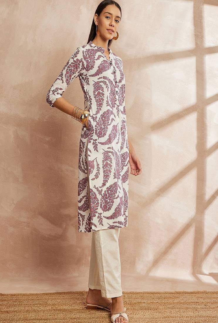 Purple color ethnic motifs printed mandarin collar pure cotton kurta