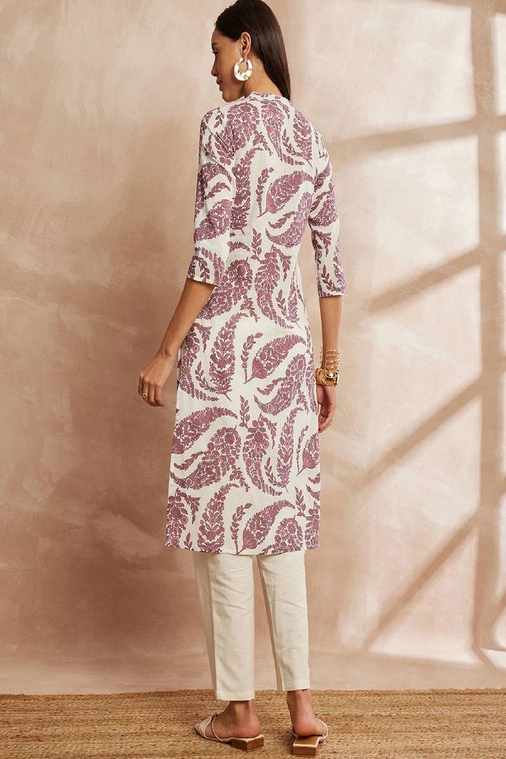 Purple color ethnic motifs printed mandarin collar pure cotton kurta
