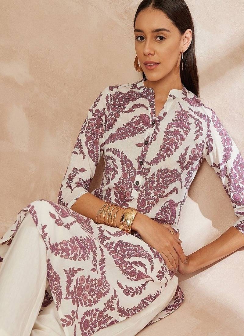 Purple color ethnic motifs printed mandarin collar pure cotton kurta