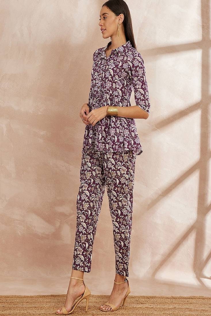 Purple color floral printed pure cotton tunic with trouser