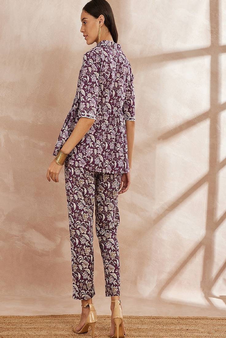 Purple color floral printed pure cotton tunic with trouser