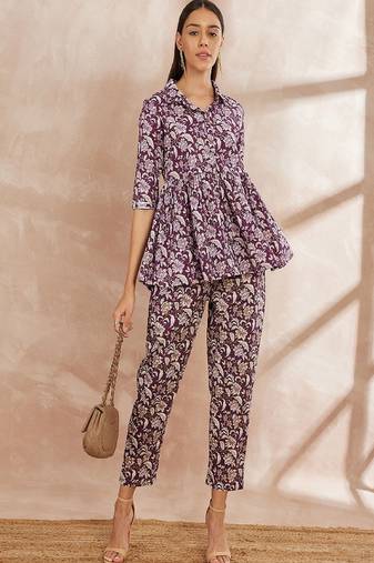 Purple color floral printed pure cotton tunic with trouser
